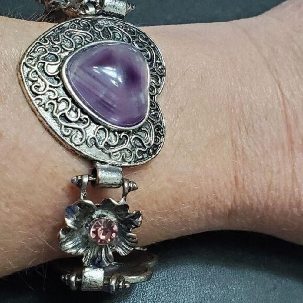 Silver Tone Heart Shaped Purple Amethyst Chunky Bracelet 7"